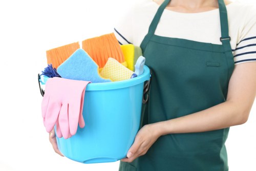 Cleaner preparing safe cleaning equipment before work